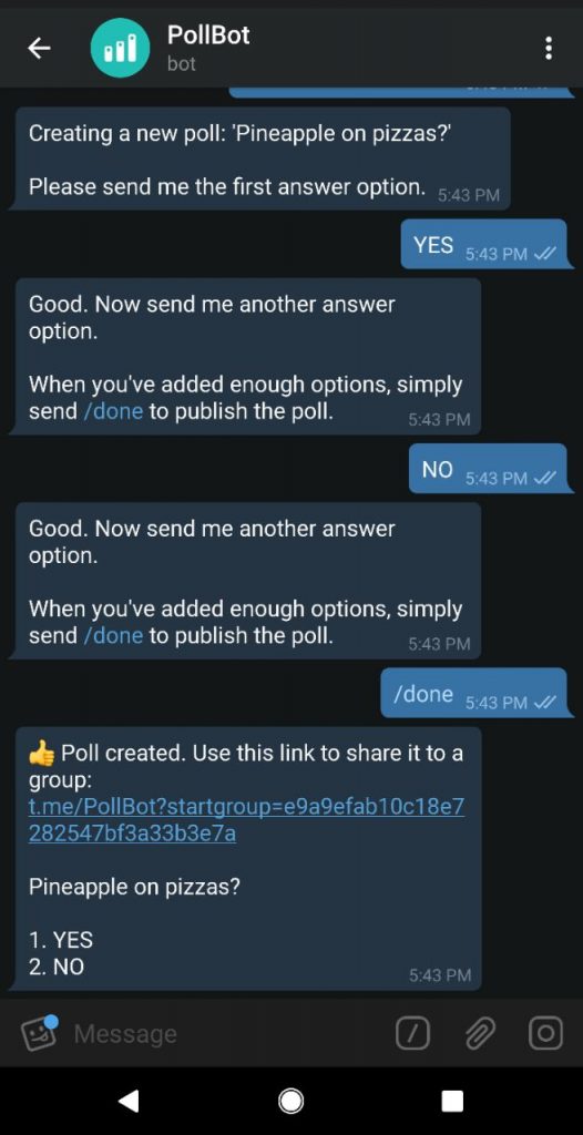pollbot telegram channels bots stickers singapore