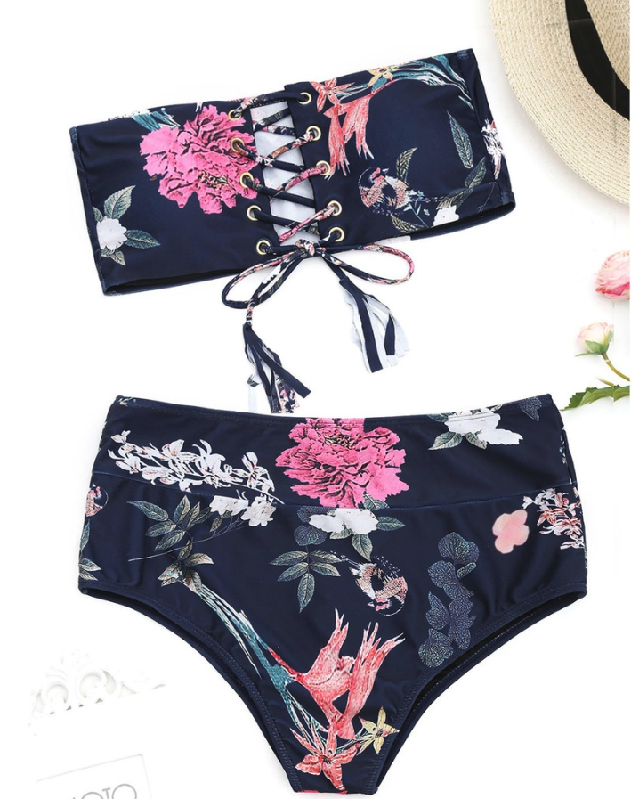 Lace-up floral bikini set