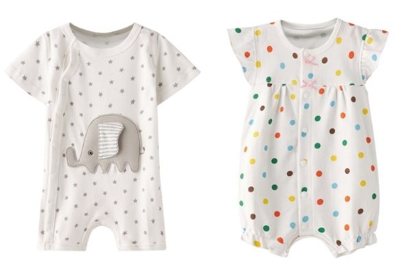 baby onesie for boy with elephant and star prints and baby girl onesie with colourful polka dots