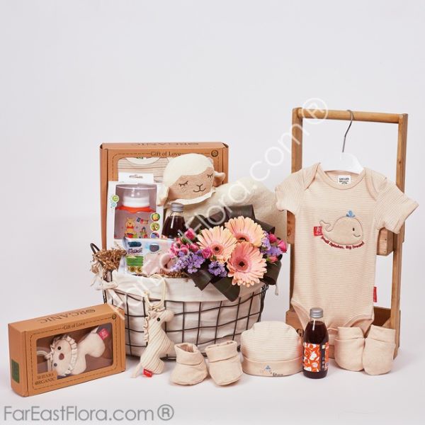 baby gift hamper for newborn baby with clothes, shoes, and flowers