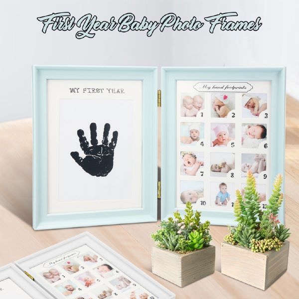 baby first year photo frame with blue frames and hand print