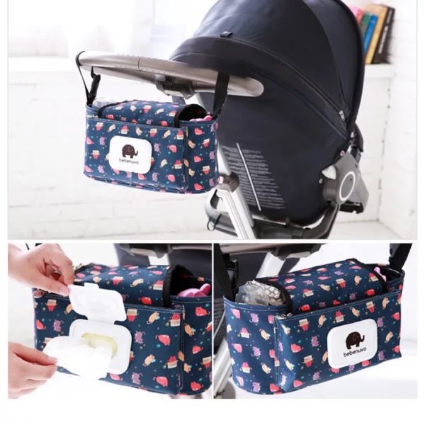 stroller organiser bag in blue with colourful prints