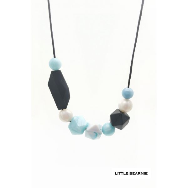 teething necklace with blue, white and grey charms