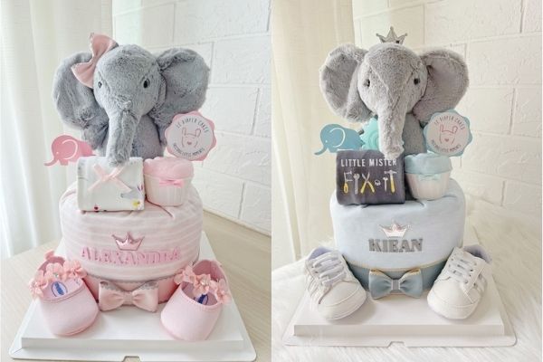 diaper cake with elephant plushie for boy and girl