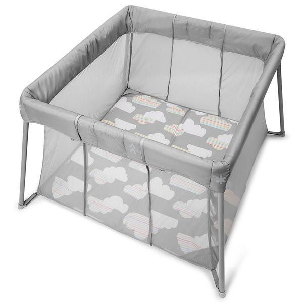 grey baby travel crib with cloud design