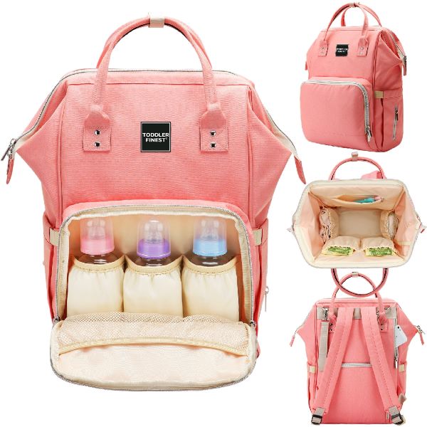 pink diaper bag with yellow inner linings and compartments for milk bottles