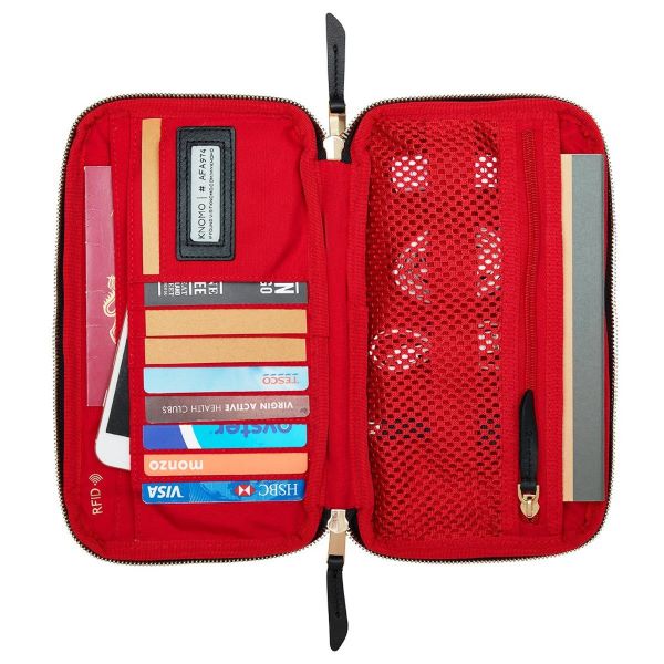 travel wallet with red inner pockets checklist