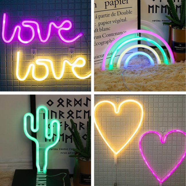 wedding reception table decorations neon sign love rainbow cactus heart