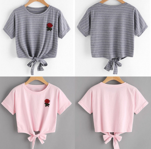 Women s Rose Embroidered Boat Neck Short Sleeve Backless Crop Shirt Top Tee