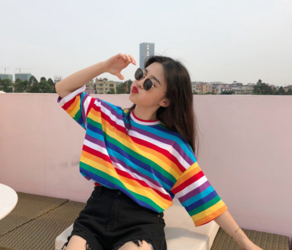 Sweet Rainbow Striped Half Sleeves T-shirts Women O Neck Tees Tops