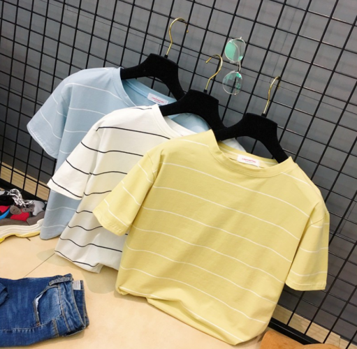 [READY STOCK! ]Women short-sleeved summer loose striped T-shirt round casual top