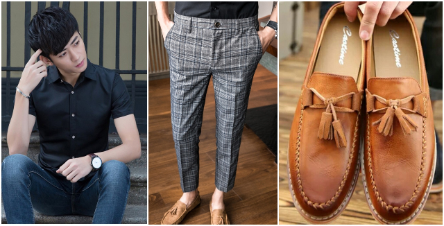 what to wear to an interview outfit men casual attire work checkered pants loafer shirt