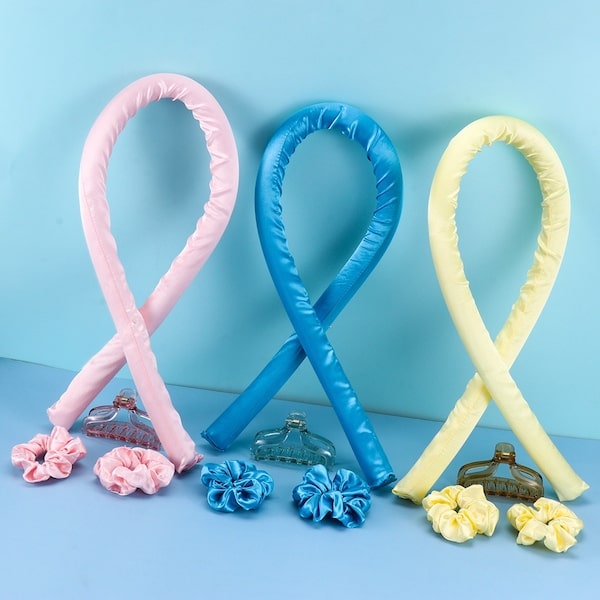 hair curling rod headband in pink, blue and yellow