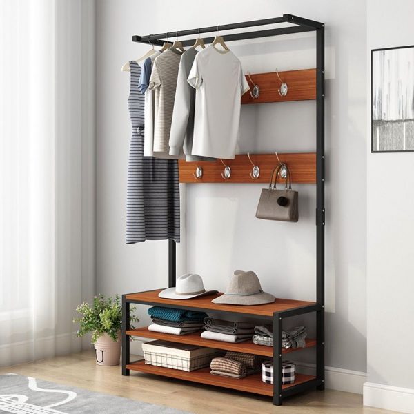 multi-functional clothes rack black metal wooden shelves storage