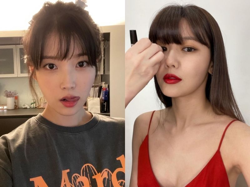 IU selfie with air bangs and choi sooyoung with thick blunt bangs types of korean bangs