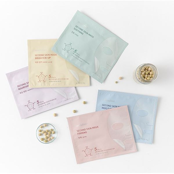 flat lay of five different types of innisfree second skin mask