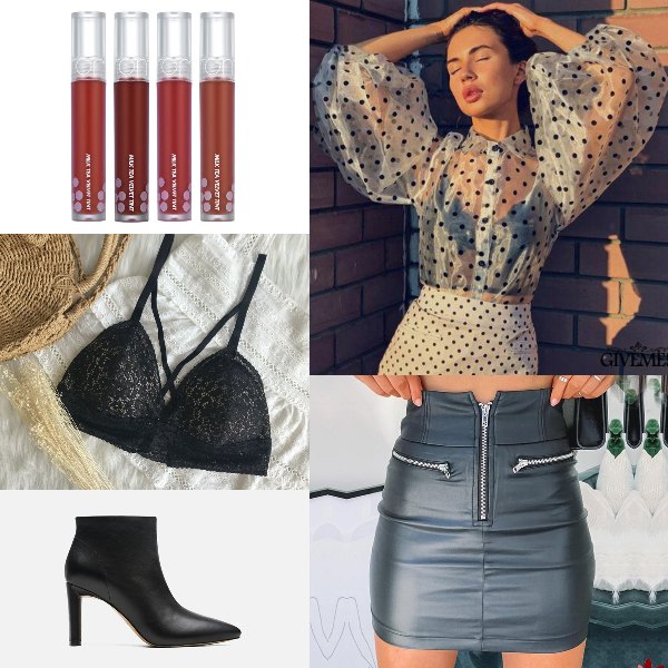 puff sleeve blouse tops sexy summer outfit see through polka dots leather mini skirt boots