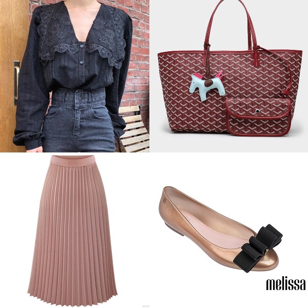 puff sleeve top blouse feminine ladylike dressing lace pleated skirt tote bag melissa shoes