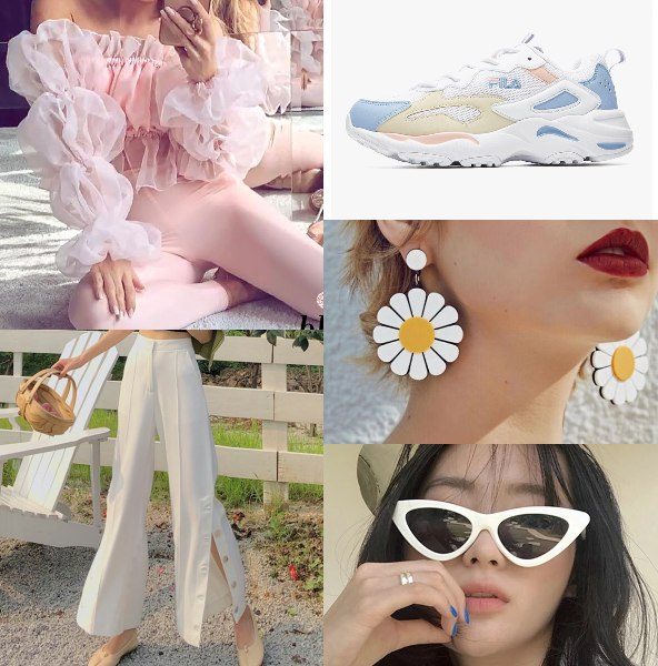 puff sleeve blouse bold fashion summer pastel ruffled top side slit pants fila tracer chunky sneakers