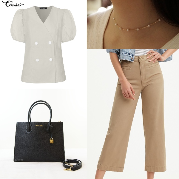 puff sleeve blouse summer work office wear outfit double breasted top pants leather bag