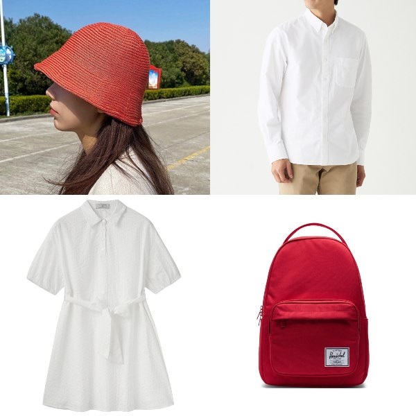red and white outfit bucket hat puff sleeves dress white shirt button down hershel miller backpack