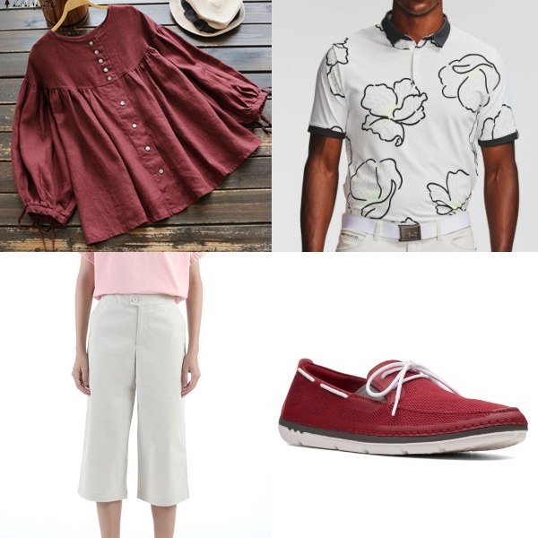 red and white outfit for older generation blouse white pants polo shirt under armour clarks loafers