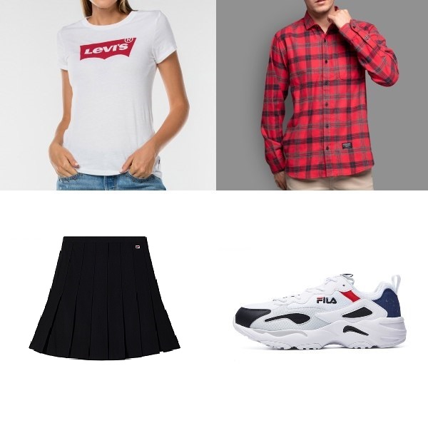 red and white outfit national day clothes levi's logo t-shirt red flannel shirt fila pleated mini skirt sneakers
