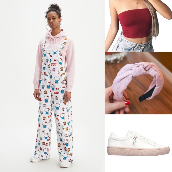 summer outfit for women cute hello kitty baggy overalls levis tube top skechers shoes