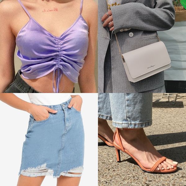 summer outfit for women sexy cropped top lilac tight denim mini skirt heels