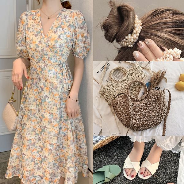 summer outfit for women fashion elegant floral dress puff sleeves rattan bag
