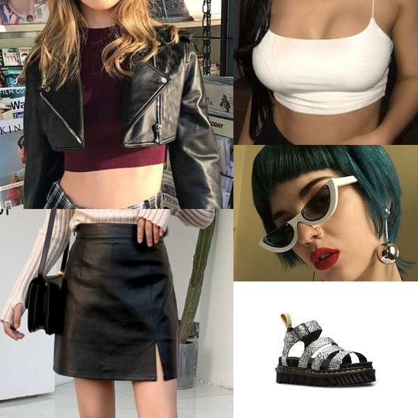 badass summer fashion leather on leather jacket skirt half frame cat eye sunglasses