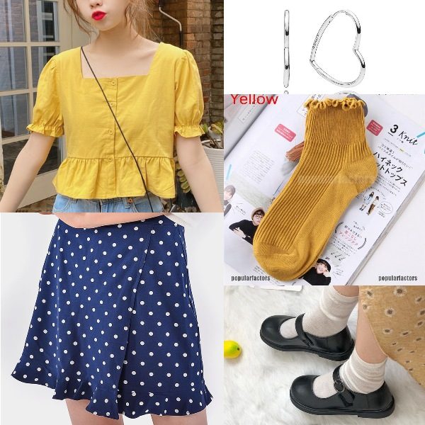 summer outfit for women fashion cute bright yellow polka dot skirt british leather shoes