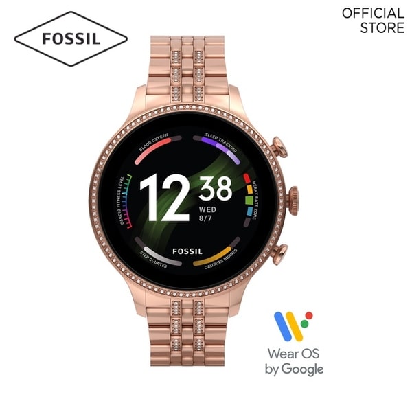fossil gen 6 smart watch with rose gold straps and tiny diamonds along the frame