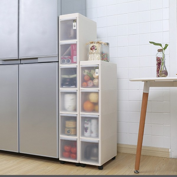 how to organise kitchen with slim cabinets slot between fridge and kitchen counter