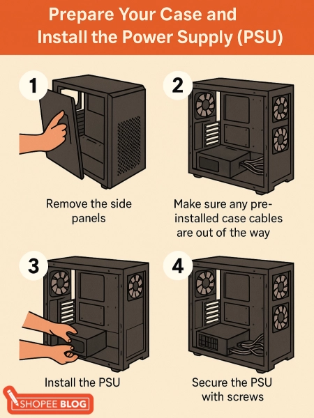 prepare case and install power supply psu