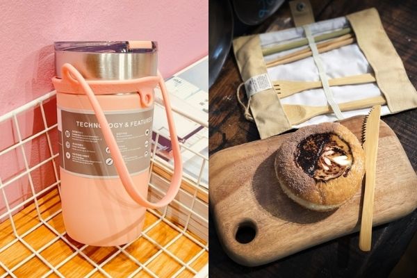 pink tumbler and bamboo straws and cutlery