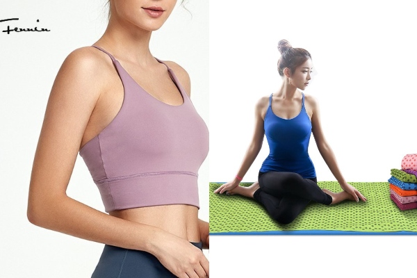 pink sports bra and girl sitting on yoga mat