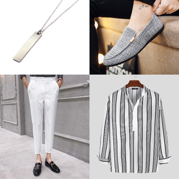 korean fashion style chinese new year outfit for men oppa v neck shirt white pants necklace boat shoes