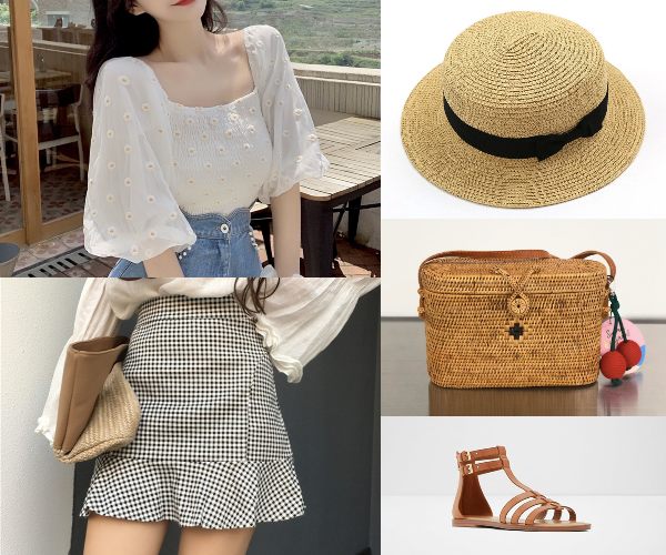 what to wear on a first date day time fashion guide outfit female skirt puff sleeves straw hat bag