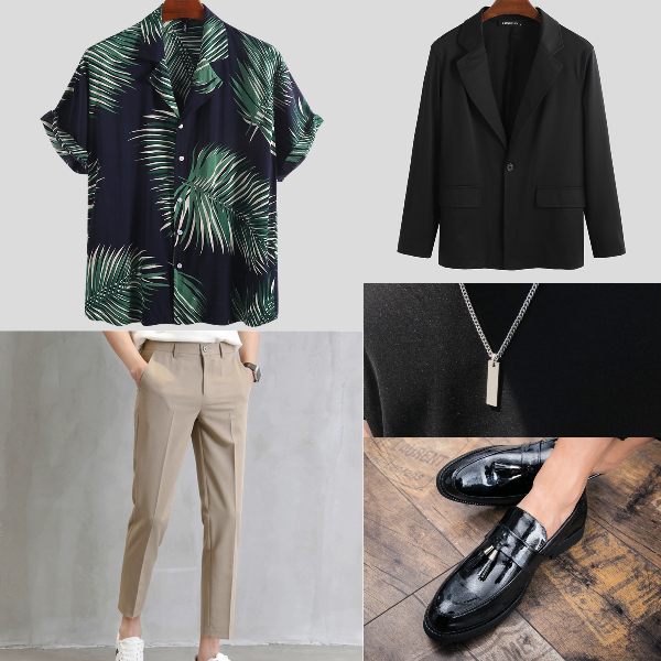 what to wear on a first date men oversized blazer hawaii shirt necklace