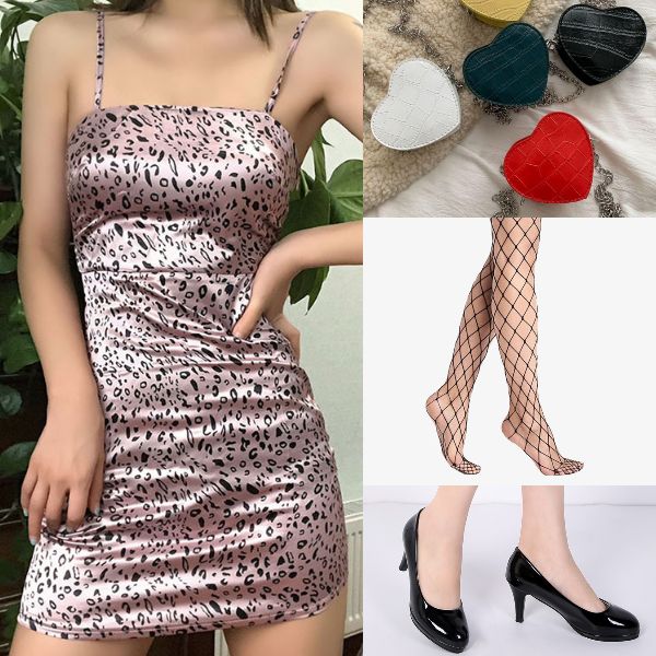 late night date party outfit leopard print silky dress heart shaped bag fishnet stocking black heels