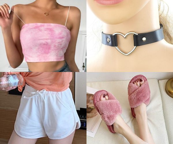 stay home date outfit ideas female tank top shorts heart choker fluffy slippers