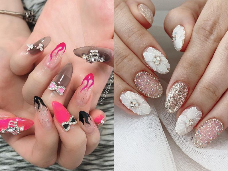 cny nail home based nail salon gel extension manicure hot pink white bling