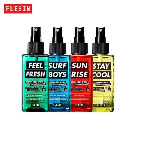 four Flexin Deo & Fragrance Body Spray in green, blue, red and yellow bottles