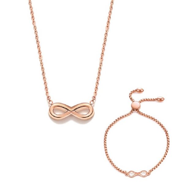 valentines day jewellery rose gold bracelet and necklace infinity design