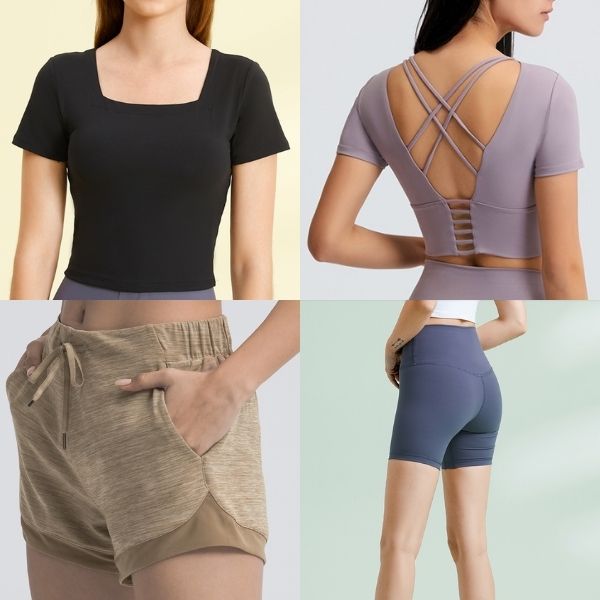 collage of air active square neck top in black, padded yoga crop top in lilac, lounge shorts and buttery shorts 