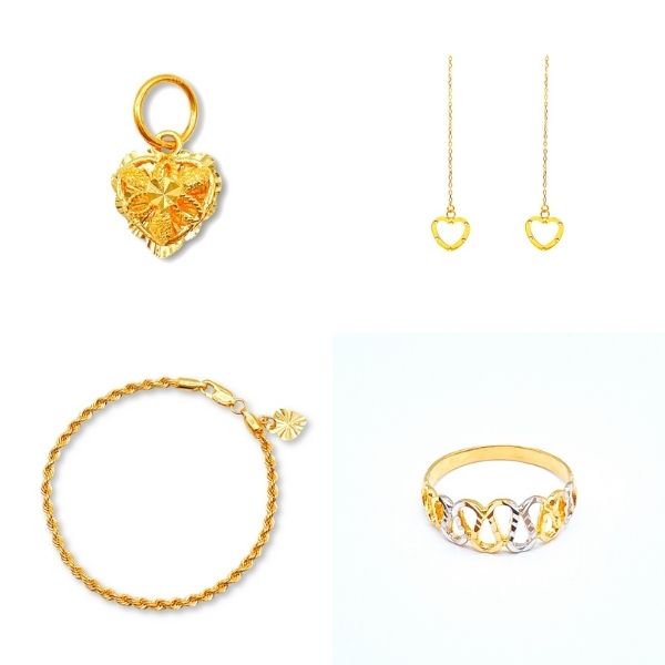 heart pendant with details, dangle heart earrings, rope bracelet and inifinity ring si dian jin set singapore