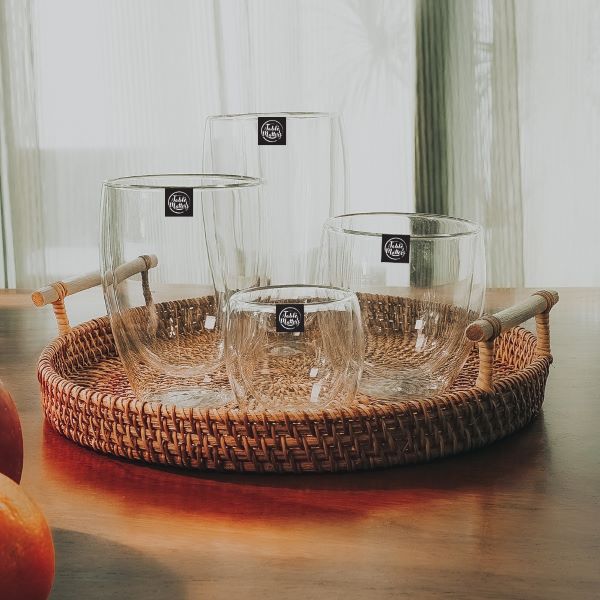 taikyu double wall glasses of different sizes in a rattan tray mother's day gift ideas singapore