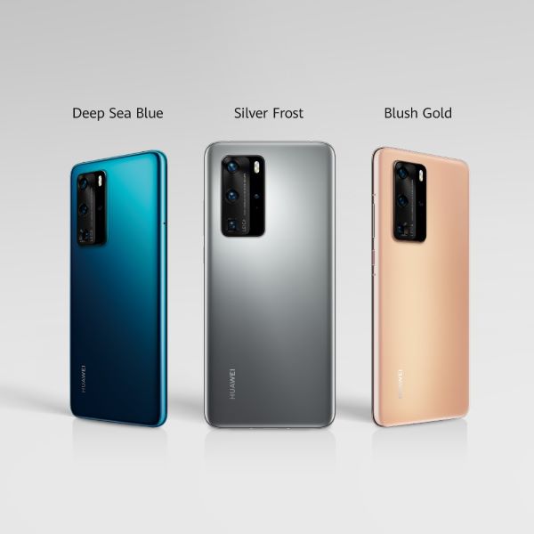 Huawei P40 Pro in deep sea blue, silver frost and blush gold 