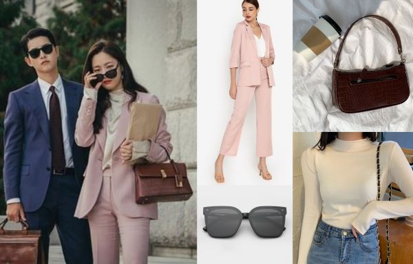 cha-young vincenzo outfit pink blazer set brown bag and black sunglasses
